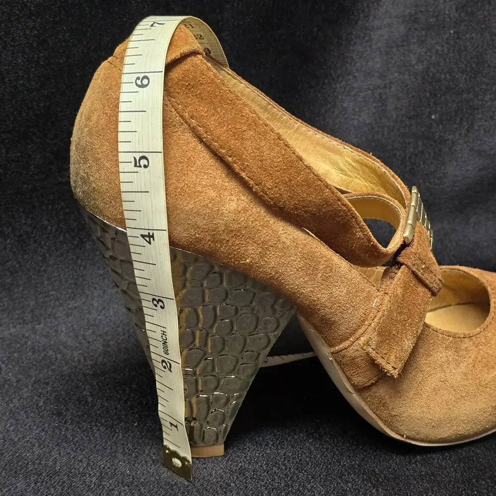 Michael Kors Brown Leather Peep Toe Ankle Strap Gold Cone High Heel Shoe